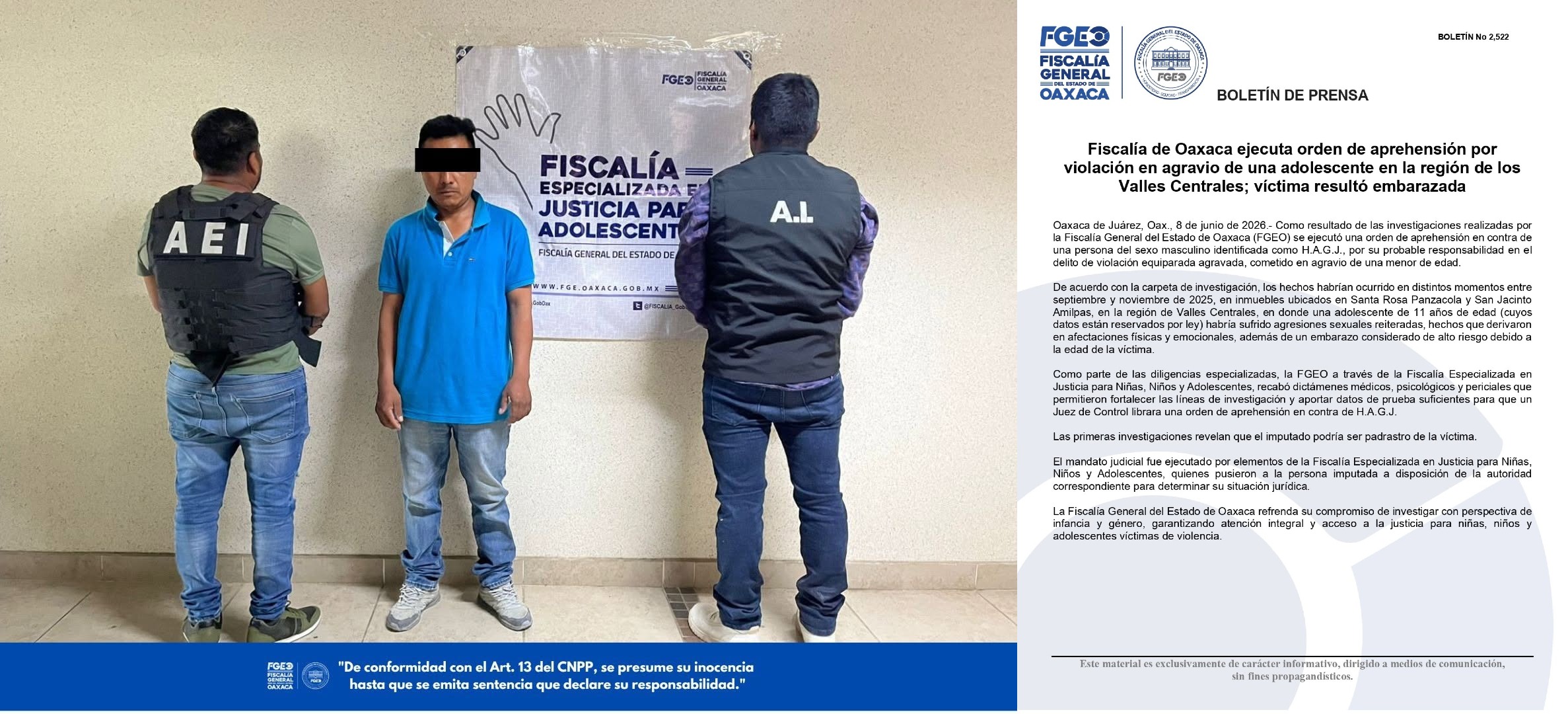 Ejecutan orden de aprehensión por violación en agravio de una adolescente en la región de los Valles Centrales; víctima resultó embarazada