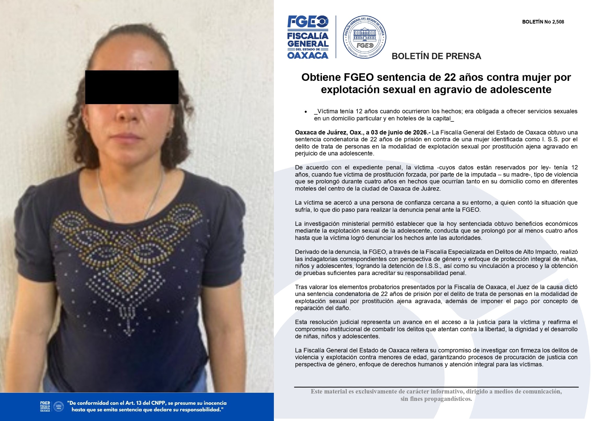Obtiene FGEO sentencia de 22 años contra mujer por explotación sexual en agravio de adolescente