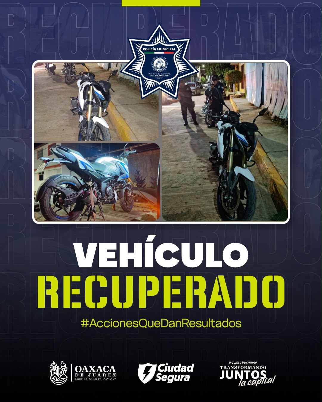 Recuperan motocicleta robada durante operativo de vigilancia en Oaxaca de Juárez