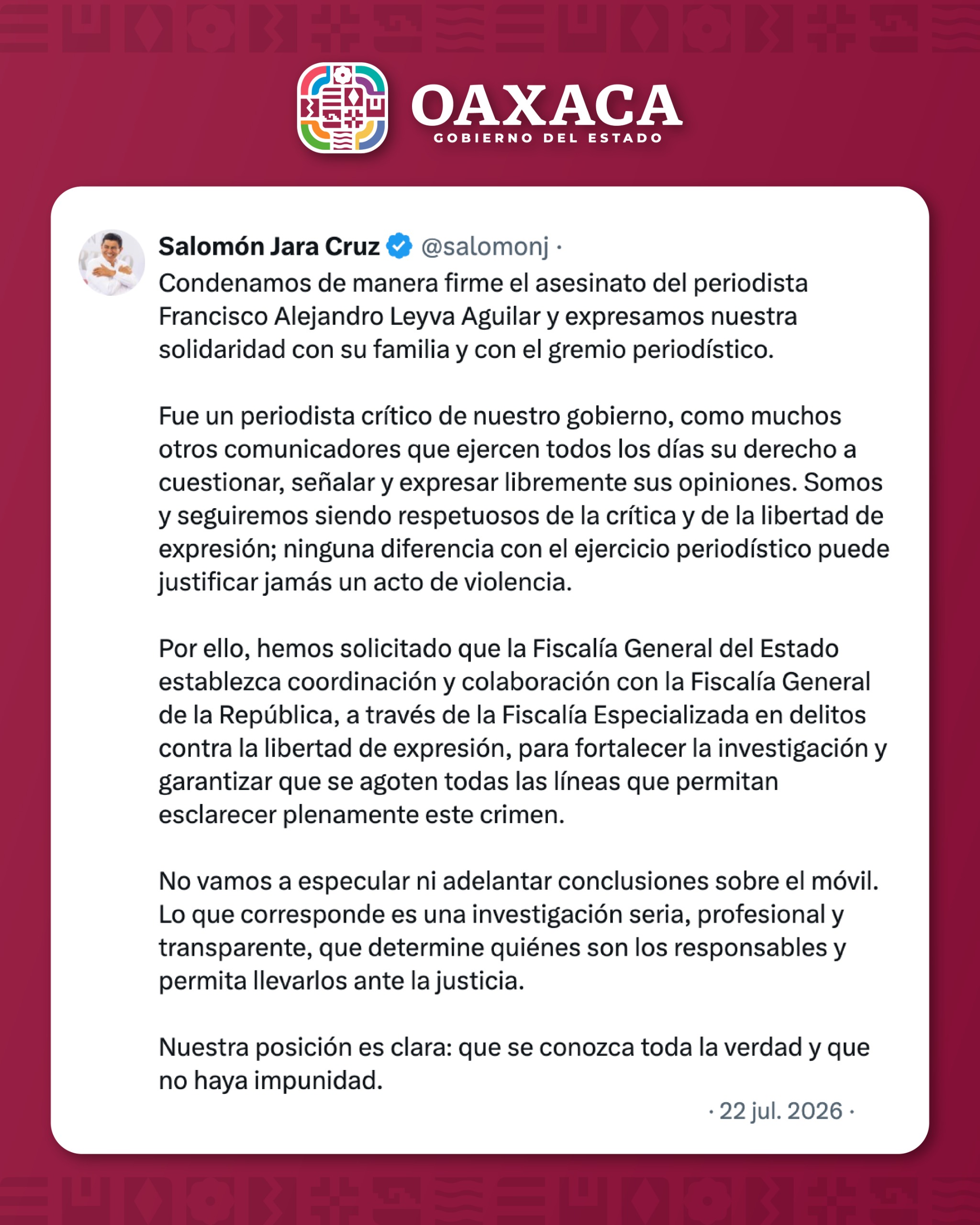 Gobierno de Oaxaca condena asesinato del periodista Francisco Alejandro Leyva; pide apoyo de la FGR en la investigación