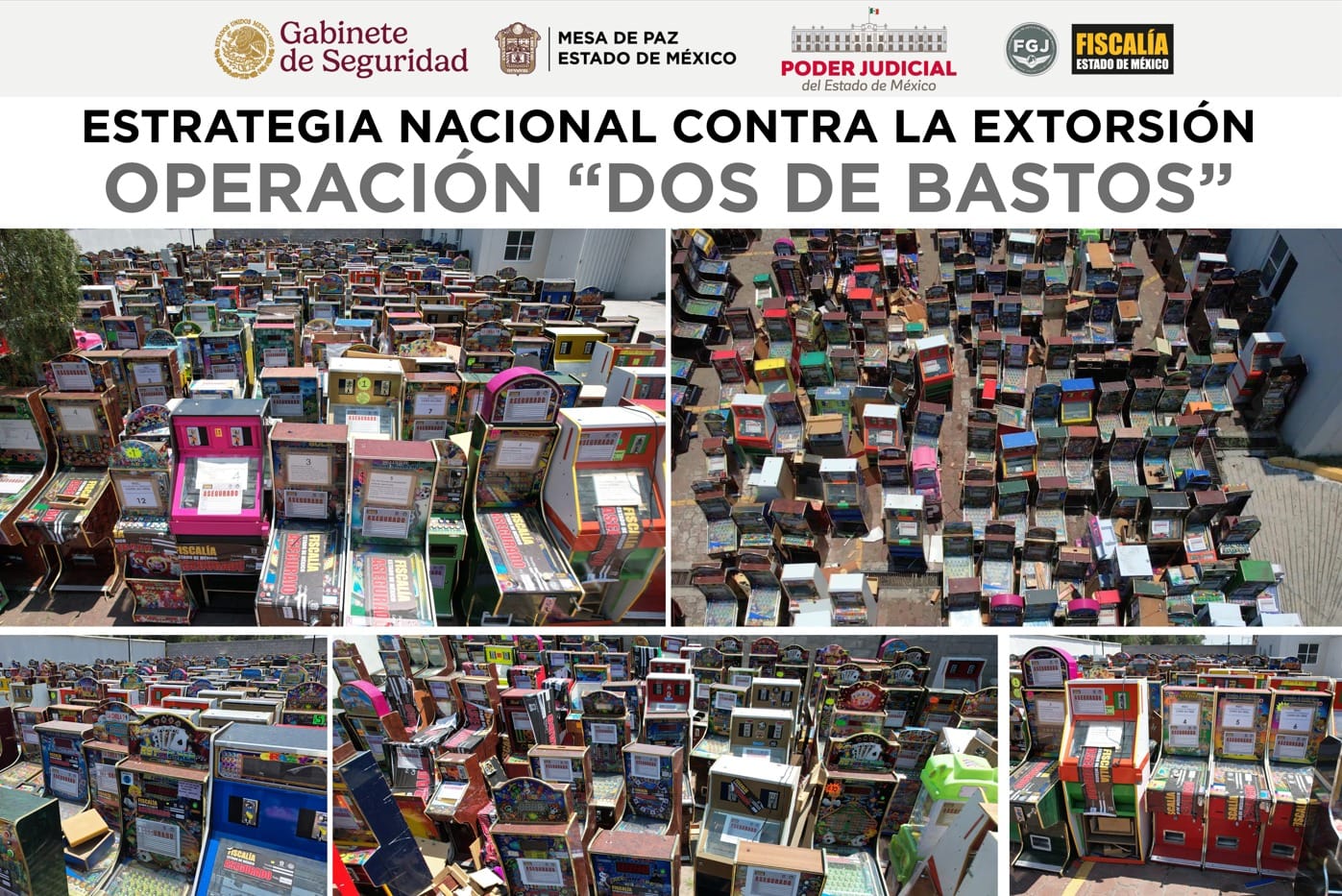 Aseguramiento de 3 mil 374 “tragamonedas” y 9mdp, resultado del primer despliegue de operación “Dos de Bastos” realizada por Defensa, Guardia Nacional y Fiscalía Edomex