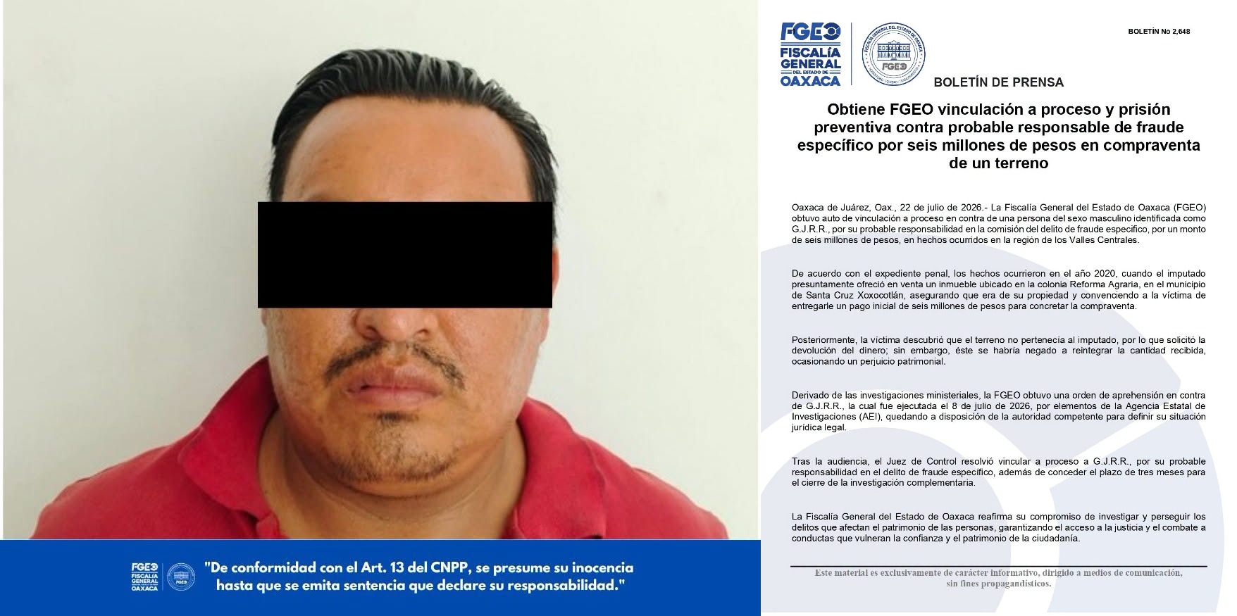 Obtiene FGEO vinculación a proceso y prisión preventiva contra probable responsable de fraude específico por seis millones de pesos en compraventa de un terreno