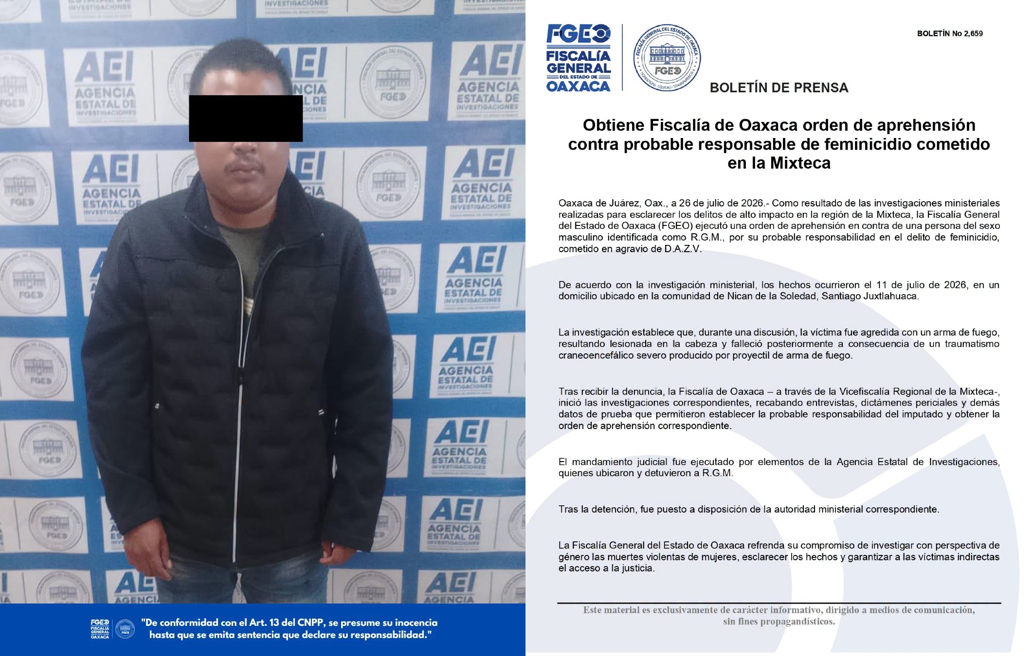 Obtiene Fiscalía de Oaxaca orden de aprehensión contra probable responsable de feminicidio cometido en la Mixteca