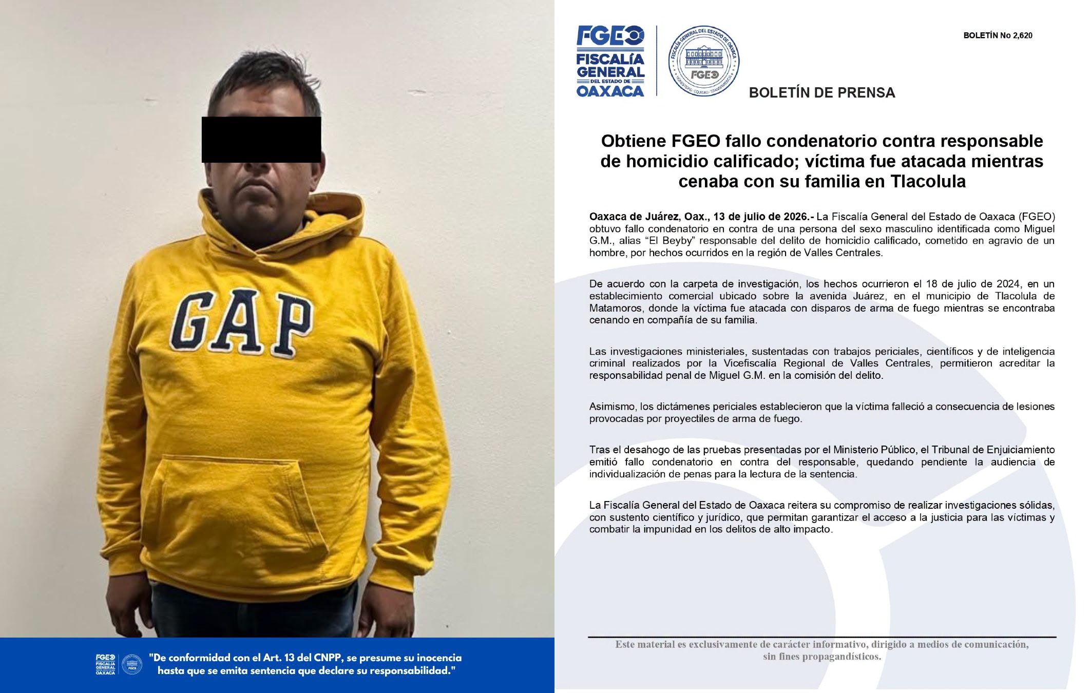 Obtiene FGEO fallo condenatorio contra responsable de homicidio calificado; víctima fue atacada mientras cenaba con su familia en Tlacolula